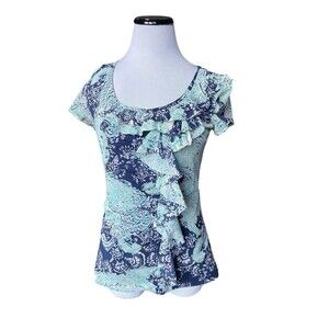 Womens Y2K Ruffle Front Mesh Top Size S Blue Asymmetrical Stretch Fitted Fairy